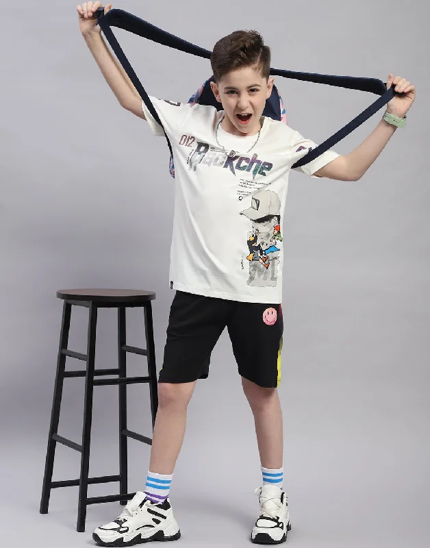 Boys Off White Printed Round Neck Half Sleeve T-Shirt