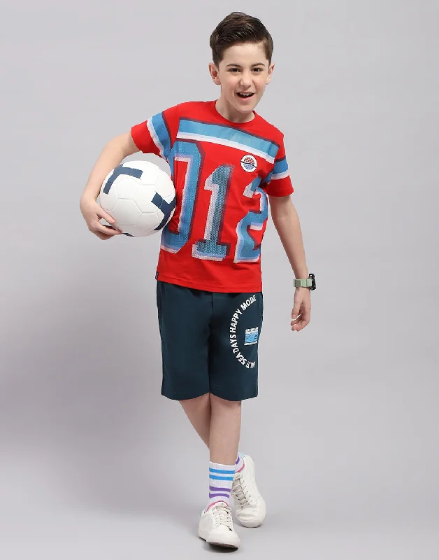 Boys Red Printed Round Neck Half Sleeve T-Shirt