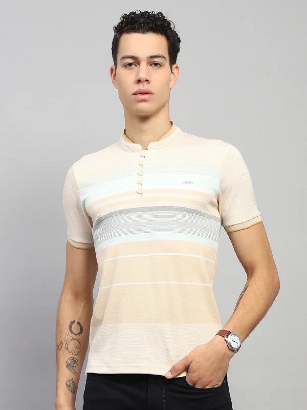 Men Beige Stripe Band Collar Half Sleeve T-Shirt