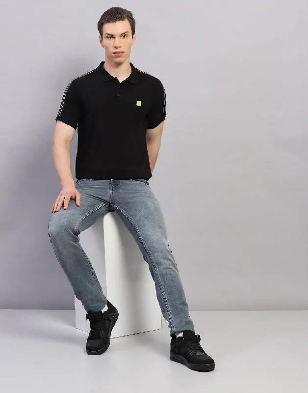 Men Black Solid Polo Collar Half Sleeve T-Shirt