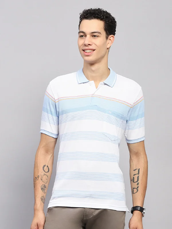 Men Blue Stripe Collar Half Sleeve T-Shirt