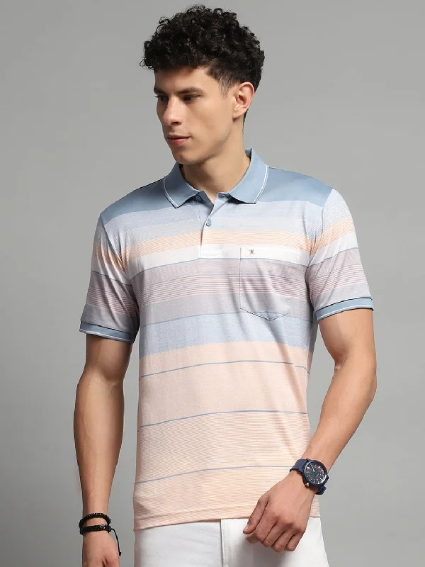 Men Blue Stripe Collar Half Sleeve T-Shirt