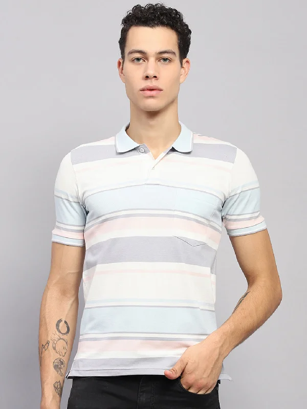 Men Blue & White Stripe Collar Half Sleeve T-Shirt