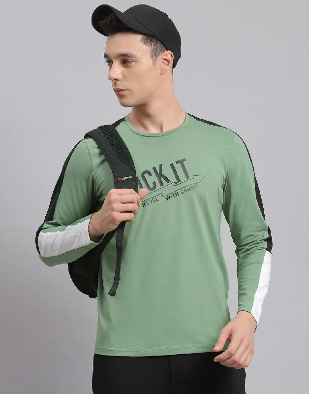 Men Green Printed Round Neck Full Sleeve Active T-Shirt