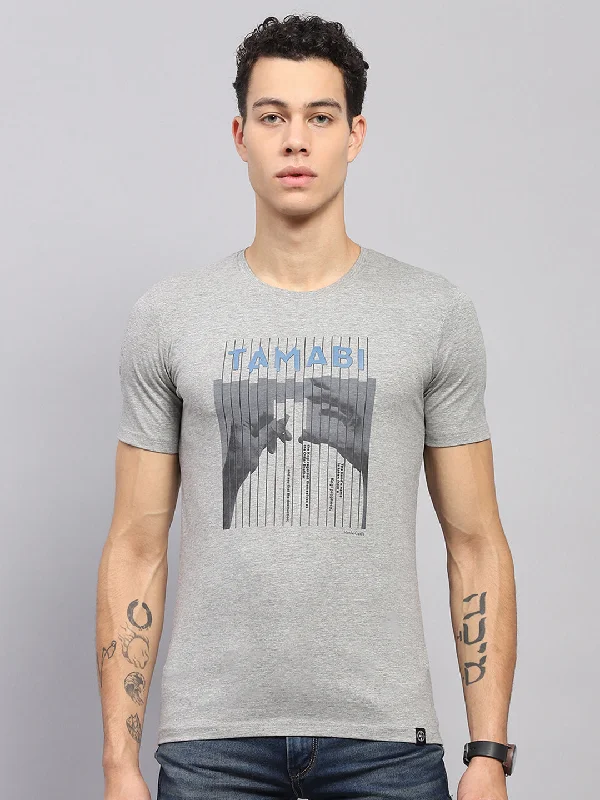 Men Grey Printed Round Neck Half Sleeve T-Shirt