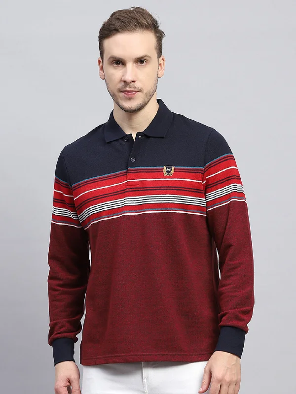 Men Maroon Stripe Collar Full Sleeve Winter T-Shirt