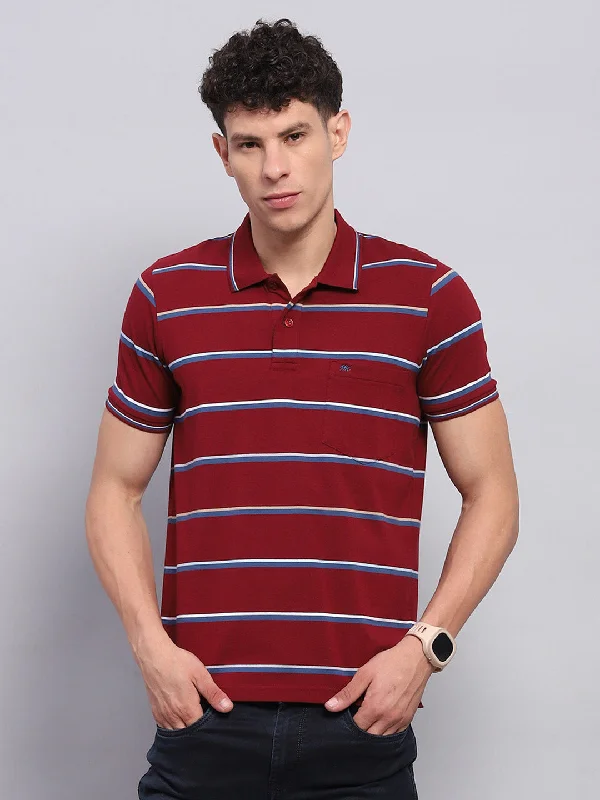 Men Maroon Stripe Collar Half Sleeve T-Shirt