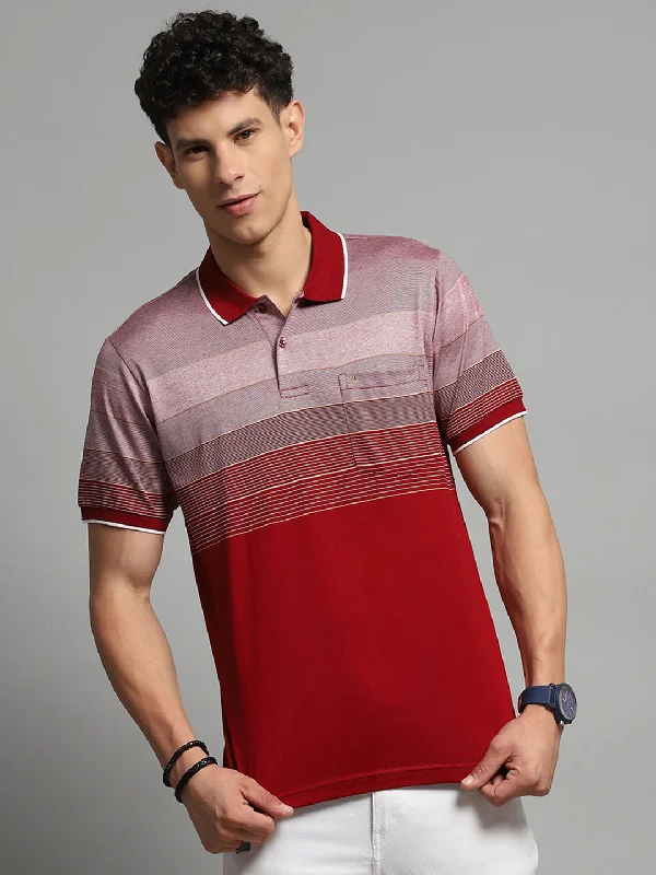 Men Maroon Stripe Collar Half Sleeve T-Shirt