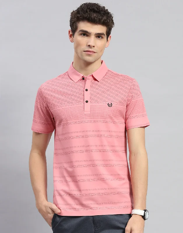 Men Peach Printed Polo Collar Half Sleeve T-Shirt