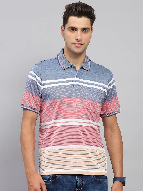 Men Pink & Blue Stripe Collar Half Sleeve T-Shirt