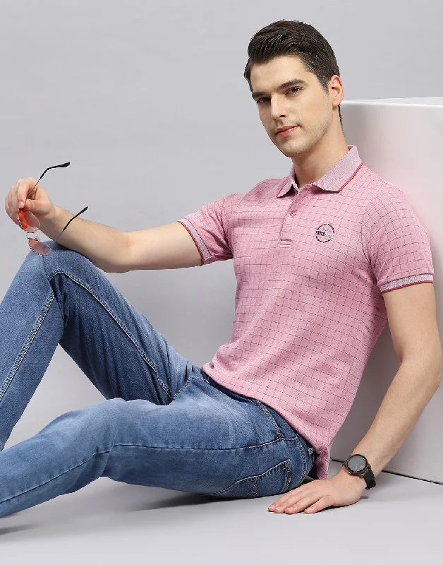 Men Pink Stripe Polo Collar Half Sleeve T-Shirt