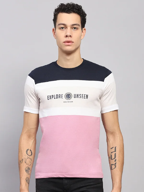 Men White & Pink Stripe Round Neck Half Sleeve T-Shirt