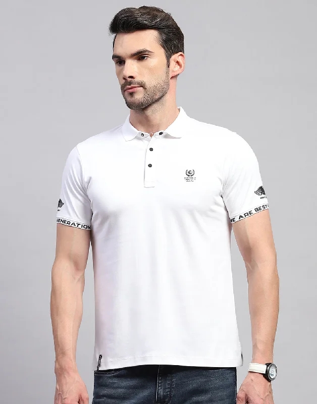 Men White Solid Polo Collar Half Sleeve T-Shirt