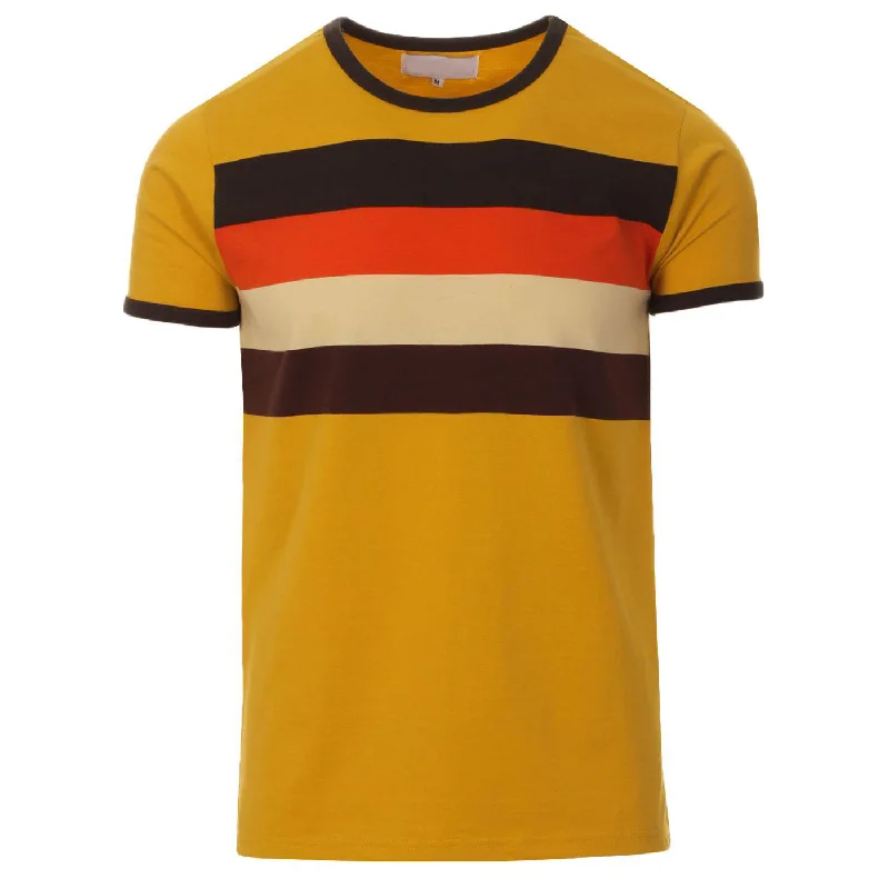 Men's Yellow 70s chest stripe Cotton T-Shirt