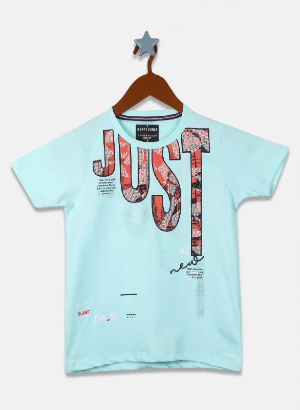 Boys Aqua Blue Printed T-Shirt