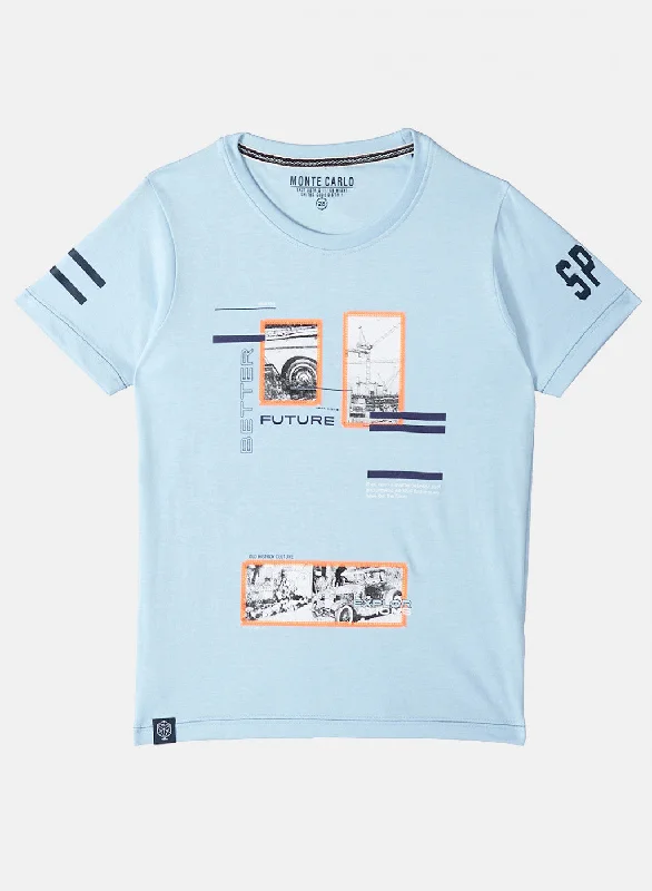 Boys Sky Blue Printed T-Shirt