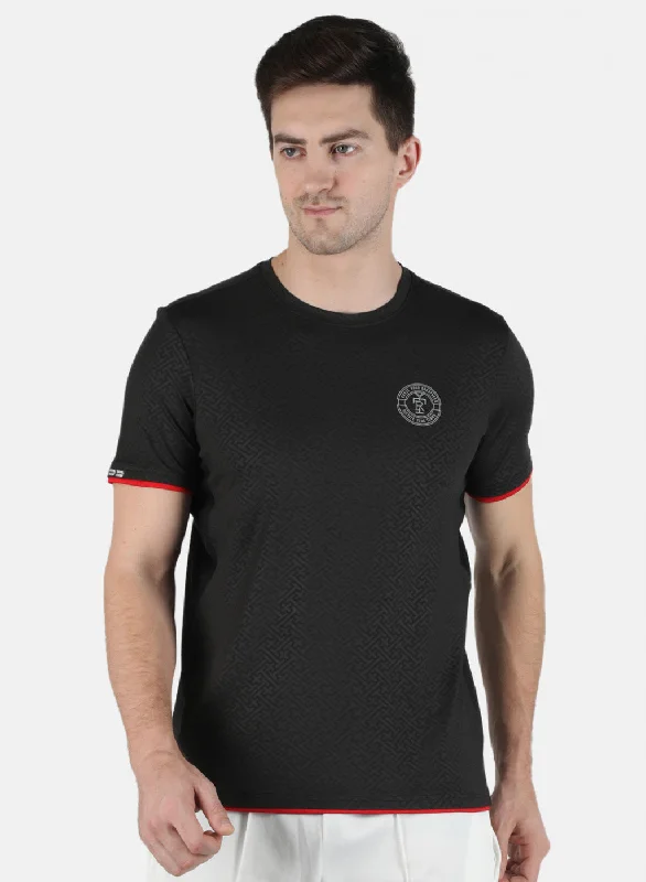 Men Black Self Design Round Neck T-Shirt