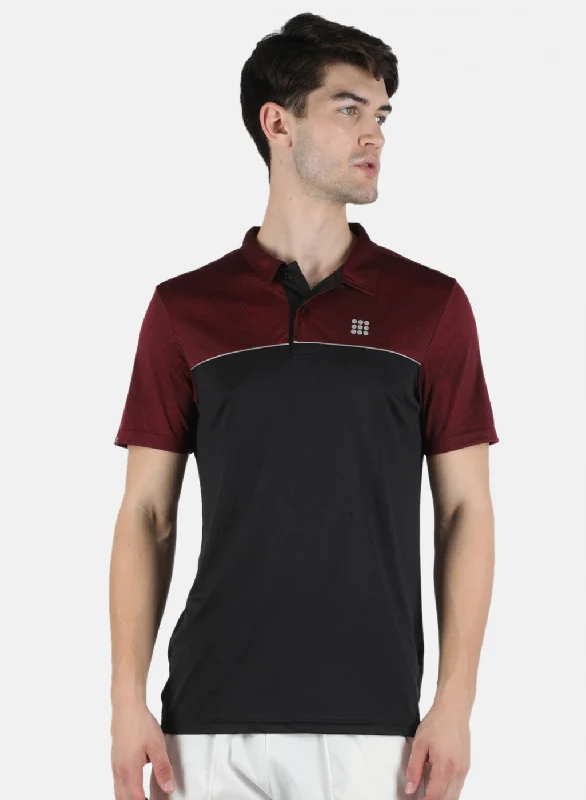 Men Maroon Self Design Collar T-Shirt