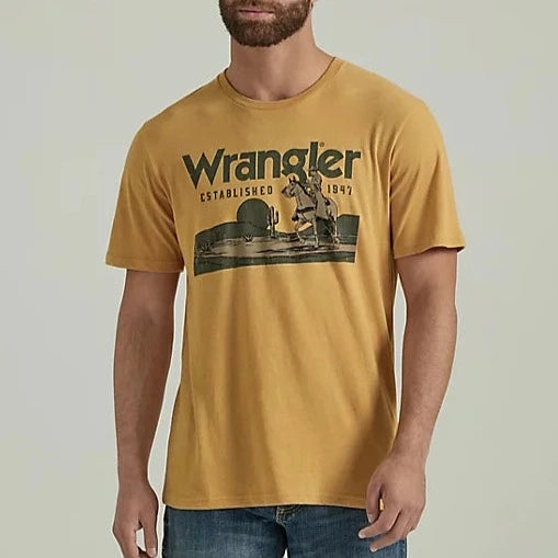 Wrangler Men's Vignette Logo T-Shirt in Pale Gold Heather