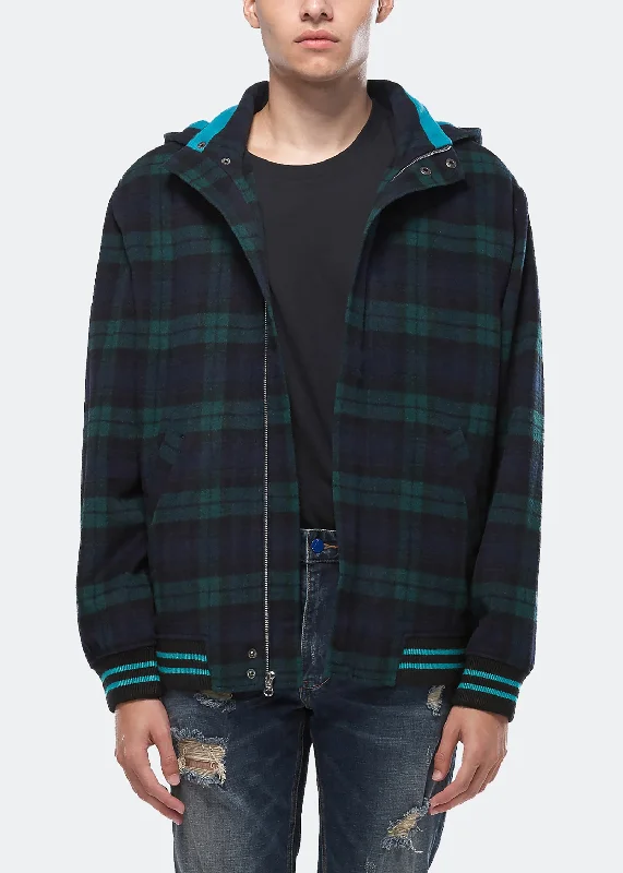 Konus Men's Wool Blend Plaid Hooded Zip Up Jacket in Green