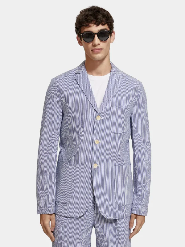 Unconstructed striped seersucker blazer