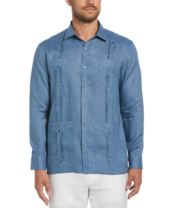 100% Linen Classic Guayabera Shirt - Long Sleeve - Captains Blue