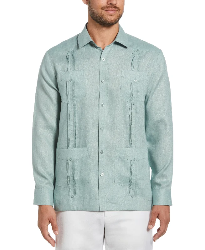 100% Linen Classic Guayabera Shirt - Long Sleeve - Green