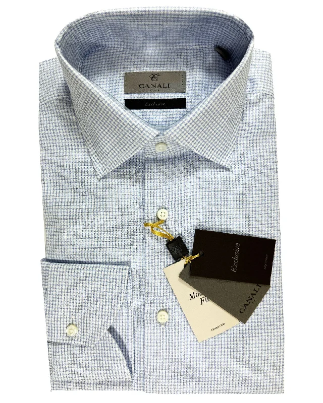 Canali Dress Shirt Exclusive White Blue Houndstooth - Modern Fit 40 - 15 3/4