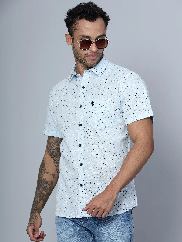 Men's Light Blue Casual Floral Ditsy Print Half Sleeve Shirt