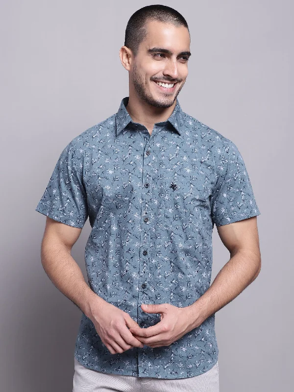 Men's Mid Grey Casual Floral Print Half Sleeve Shirt