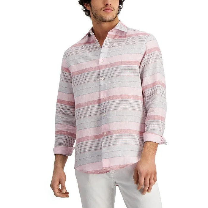 Club Room Men's Regular Fit Stripe Linen Shirt Pink