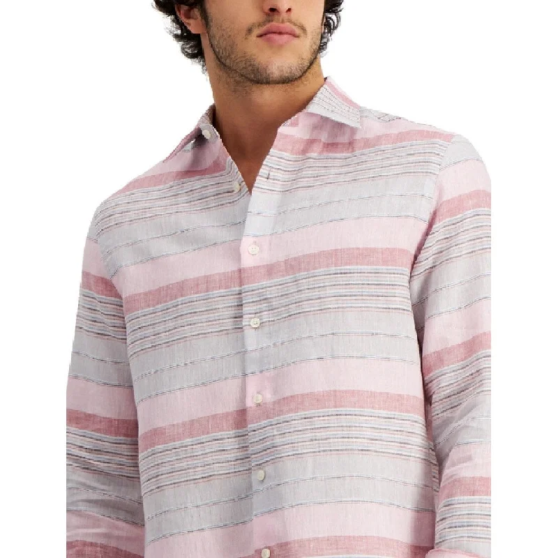 Club Room Men's Regular Fit Stripe Linen Shirt Pink Size Medium