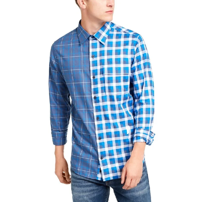 DKNY Men's Double Plaid Shirt Blue Size X-Large