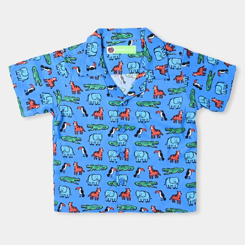 Infant Boys Cotton Viscose Casual Shirt Boats and Palm Trees-Blue