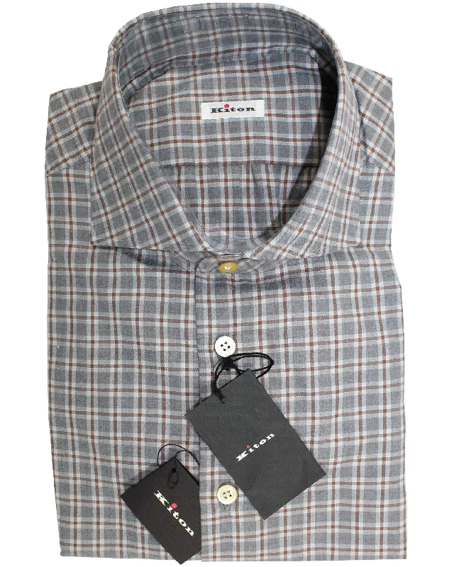 Kiton Dress Shirt Gray Brown Gingham Check 40 - 15 3/4 SALE