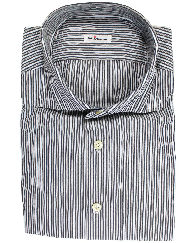 Kiton Dress Shirt White Gray Stripes Spread Collar 45 - 18 SALE