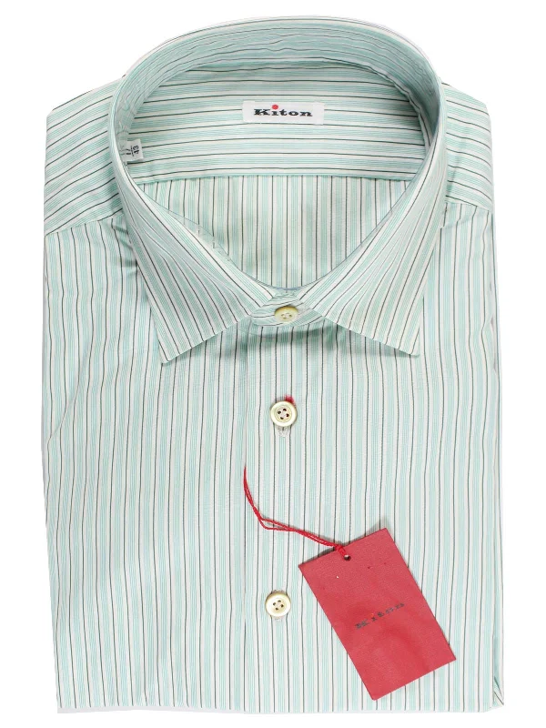 Kiton Dress Shirt White Green Aqua Stripes Design 43 - 17 REDUCED - SALE