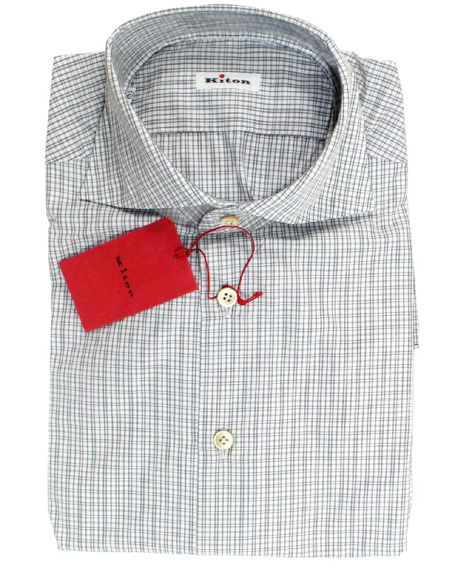 Kiton Dress Shirt White Navy Black Check 40 - 15 3/4 SALE