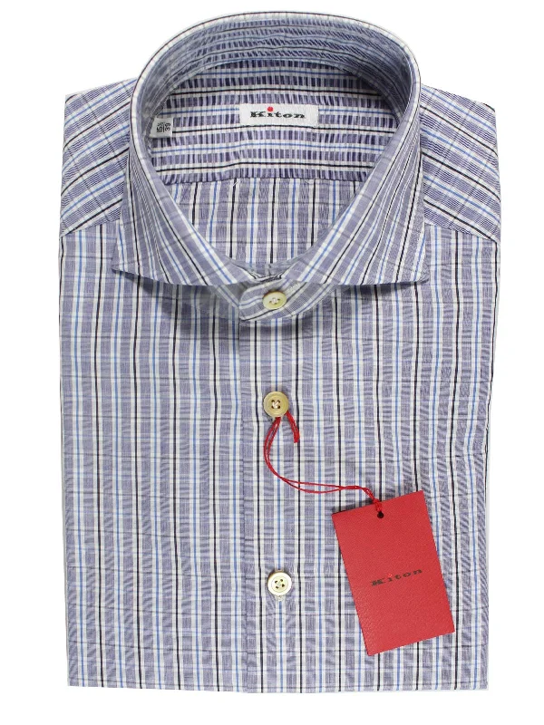 Kiton Dress Shirt White Navy Royal Blue Check 39 - 15 1/2 SALE