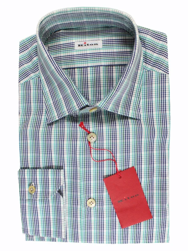 Kiton Shirt White Turquoise Green Navy Check Long Sleeve 39 - 15 1/2 FINAL SALE