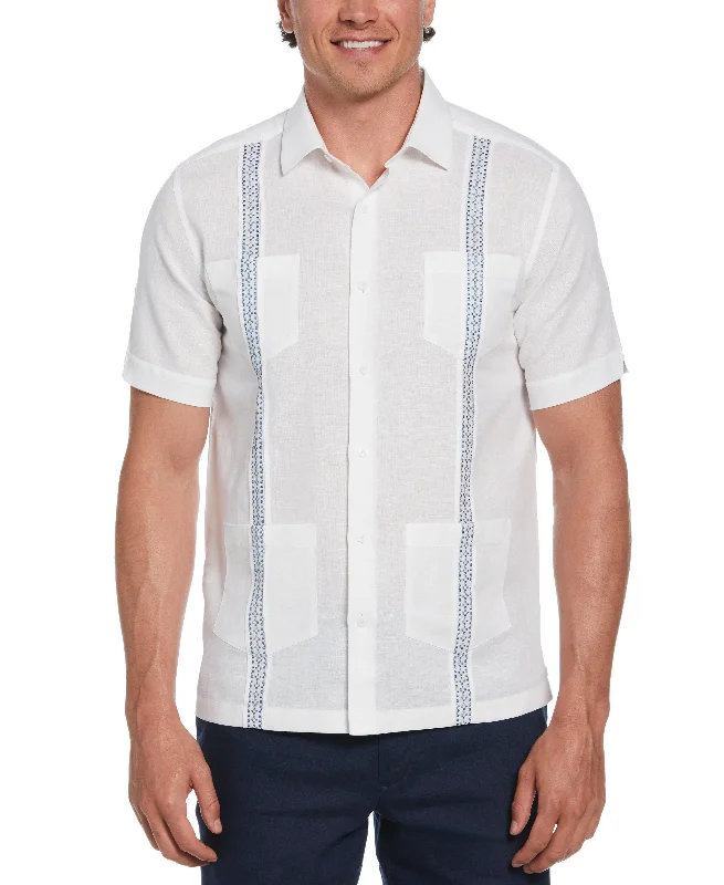 Linen Blend Guayabera Shirt With Geo Embroidered Panels