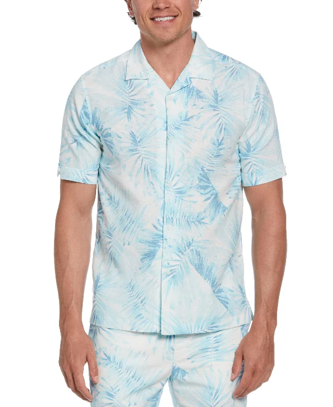 Linen Blend Tropical Palm Print Shirt