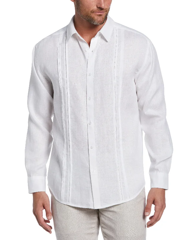 Linen Embroidered Tuck Panel Guayabera Shirt