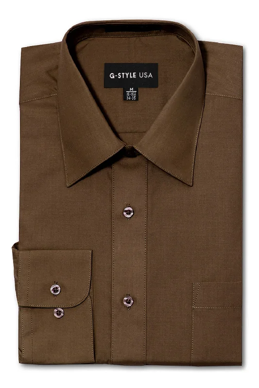 Men's Basic Solid Color Button Up Dress Shirt (Brown)