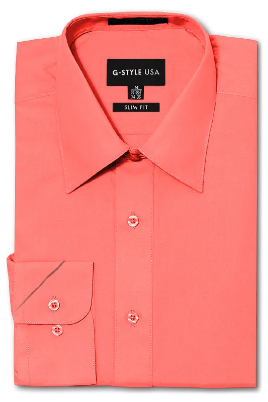 Men's Slim Fit Solid Color Dress Shirt (Coral)