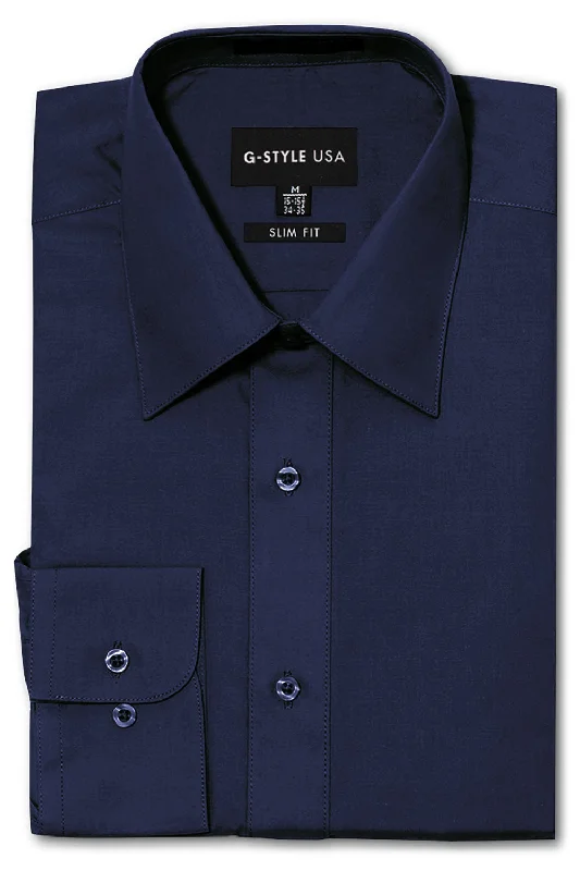 Men's Slim Fit Solid Color Dress Shirt (Navy)