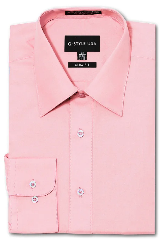 Men's Slim Fit Solid Color Dress Shirt (Pink)