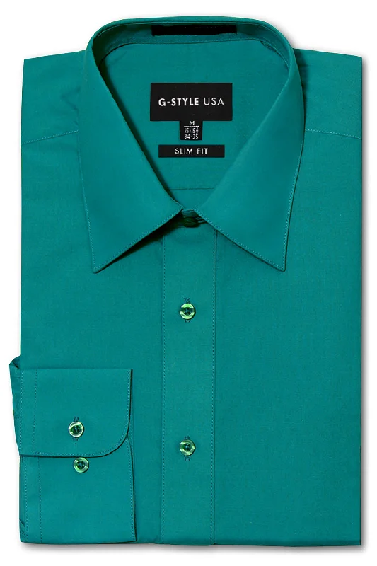 Men's Slim Fit Solid Color Dress Shirt (Teal)