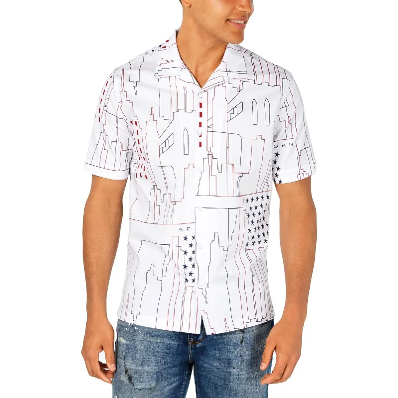 Sean John Mens Legacy Abstract NYC Button Front Casual Shirt