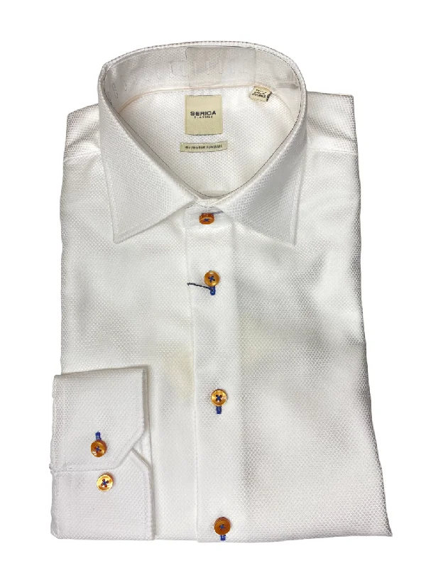 Serica Classics Semi Tapered 100% Cotton Textured Dress Shirt White with bone buttons - C2459114 21